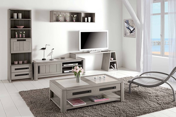 TABLE BASSE ET MEUBLE TV DEAUVILL CHENE MASSIF FABRICATION FRANCAISE MEUBLES DUQUESNOY FRELINGHIEN NORD LILLE
