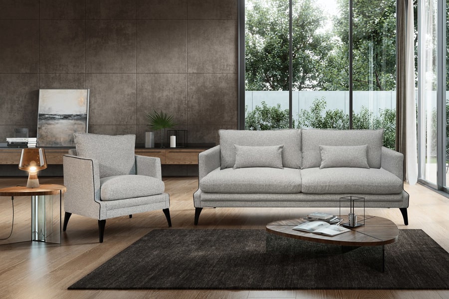 CANAPE AVEC FAUTEUIL SANTORIN JACQUES LELEU EN TISSU OU CUIR JACQUES LELEU MEUBLES DUQUESNOY FRELINGHIEN NORD LILLE ARMENTIERES