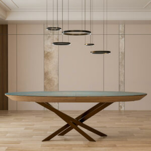 Table contemporaine ovale ELITIST avec allonge de 60 cm en céramique ou dessus bois piétement métal meubles duquesnoy frelinghien nord lille armentieres