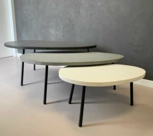 Tables Basse Galet gigognes de Neoh design Fabrication Francaise en béton ciré et metal toutes dimensions possible meubles duquesnoy frelinghien nord 59 lille metropole armentieres belgique