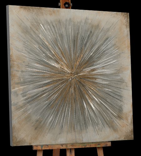 Peinture acrylique - Soleil en Or et Argent - Toile sur châssis en bois - format carré - 100 cm x 100 cm- Meubles Duquesnoy Frelinghien Nord Lille