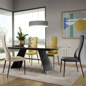 CHAISE MEGANE -TISSU -CUIR - PIEDS METAL EUROPEA FABRICATION ITALIENNE MEUBLES DUQUESNOY FRELINGHIEN NORD LILLE ARMENTIERES