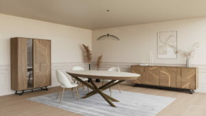 Table contemporaine ovale ELITIST avec allonge de 60 cm en céramique ou dessus bois piétement métal meubles duquesnoy frelinghien nord lille armentieres