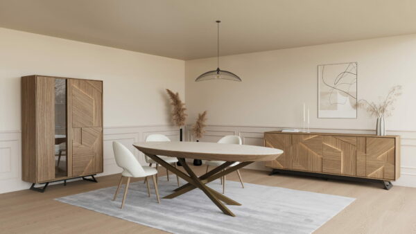 Table contemporaine ovale ELITIST avec allonge de 60 cm en céramique ou dessus bois piétement métal meubles duquesnoy frelinghien nord lille armentieres