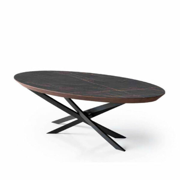 Table contemporaine ovale ELITIST avec allonge de 60 cm en céramique ou dessus bois piétement métal meubles duquesnoy frelinghien nord lille armentieres