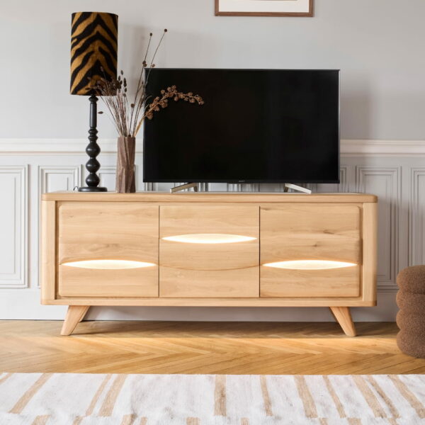GRAND MEUBLE TV 3 PORTES COLLECTION OLONNE MEUBLES COUTURES CHENE MASSIF - CÉRAMIQUE AVEC LEDS PERSONNALISABLE MEUBLES DUQUESNOY FRALINGHIEN NORD LILLE ARMENTIERES