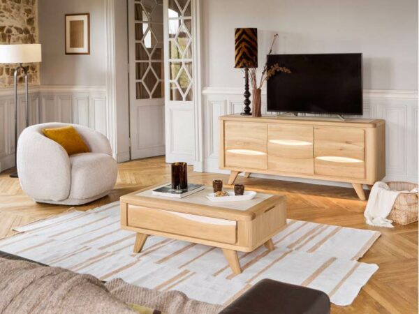 GRAND MEUBLE TV 3 PORTES COLLECTION OLONNE MEUBLES COUTURES CHENE MASSIF - CÉRAMIQUE AVEC LEDS PERSONNALISABLE MEUBLES DUQUESNOY FRALINGHIEN NORD LILLE ARMENTIERES