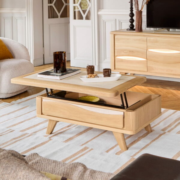TABLE BASSE RELEVABLE COLLECTION OLONNE MEUBLES COUTURES CHENE MASSIF - CÉRAMIQUE AVEC LEDS PERSONNALISABLE MEUBLES DUQUESNOY FRALINGHIEN NORD LILLE ARMENTIERES