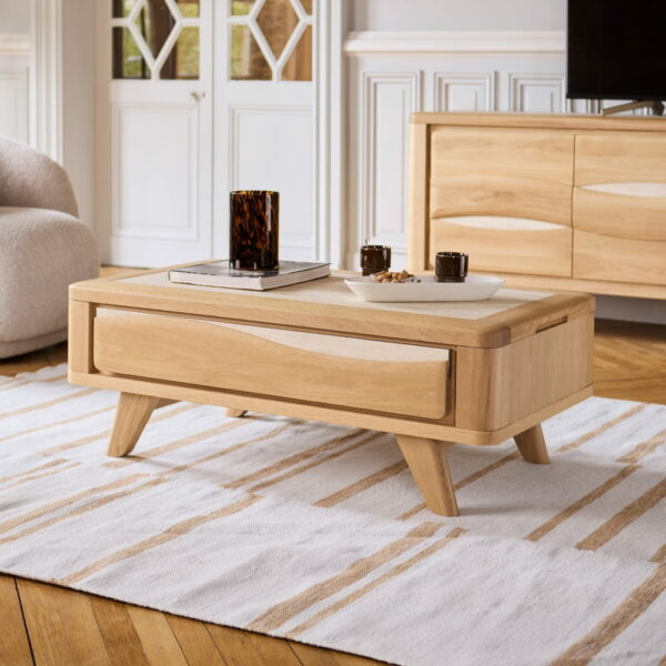 TABLE BASSE COLLECTION OLONNE MEUBLES COUTURES CHENE MASSIF - CÉRAMIQUE AVEC LEDS PERSONNALISABLE MEUBLES DUQUESNOY FRALINGHIEN NORD LILLE ARMENTIERES